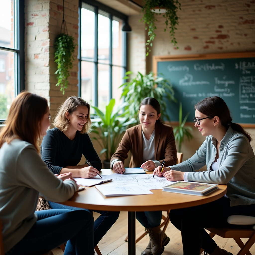 Small group discussing financial concepts in a modern learning environment