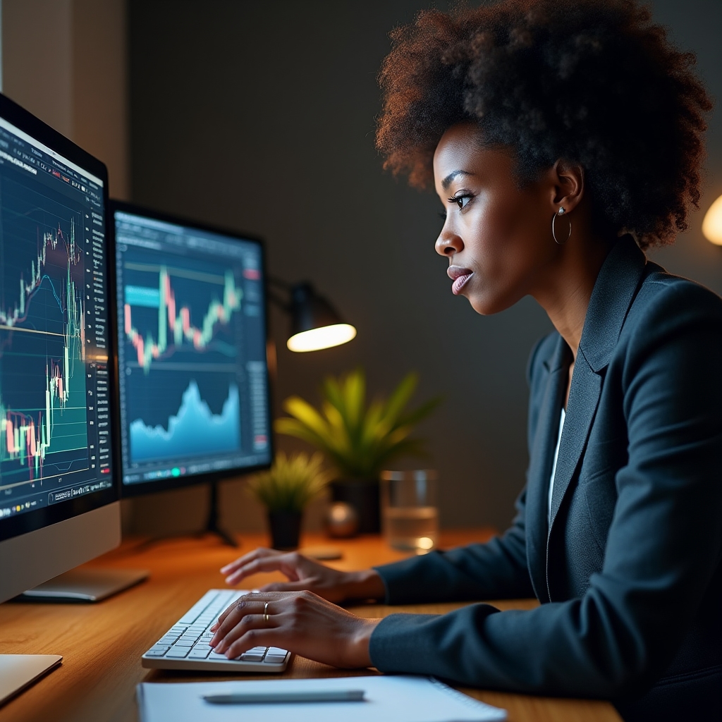 Financial analyst reviewing macroeconomic data on multiple screens at a clean desk
