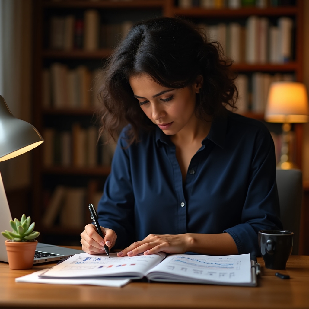 Person studying Argentine financial instruments and charts at a desk