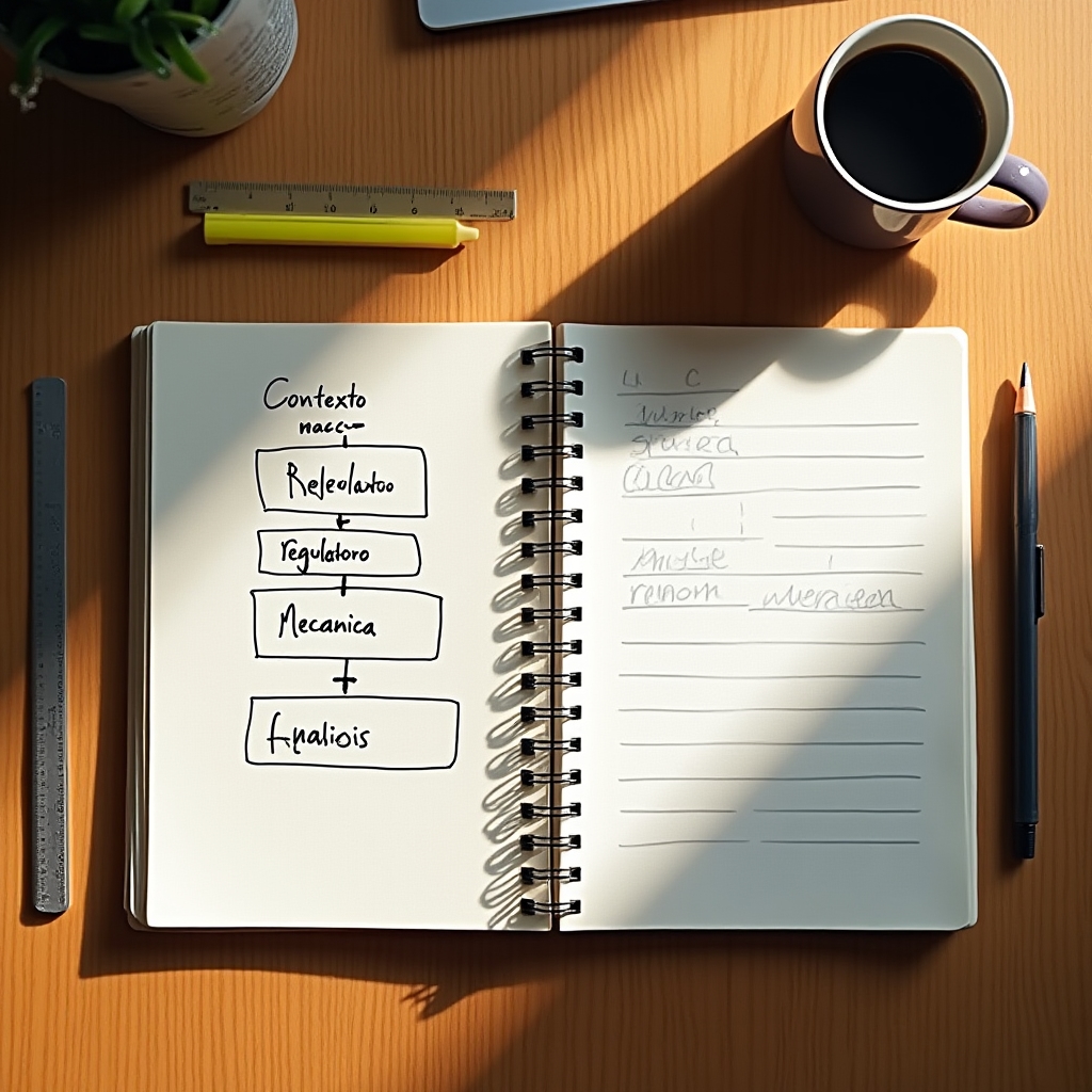 Open notebook with structured financial learning notes, pen alongside, warm desk lighting