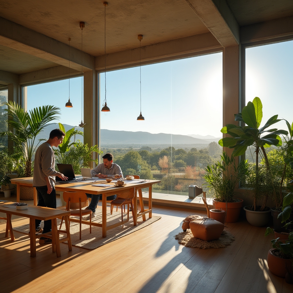 Contemporary office workspace in Patagonian environment, warm natural light